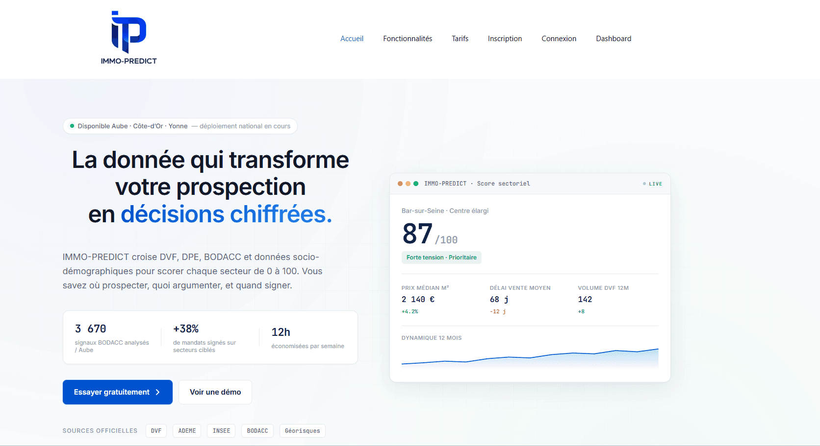 Page d'accueil d'ImmoPredict, notre outil d'analyse et de prospection immobilière